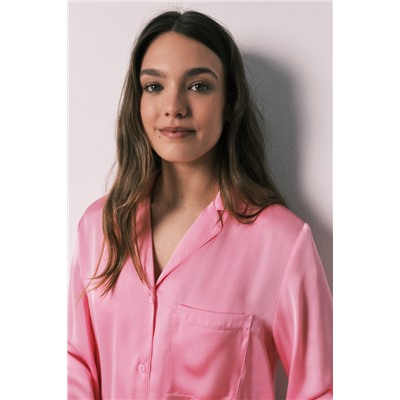 Pijama camisero largo satén rosa