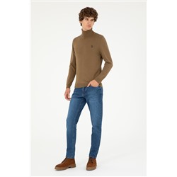 Erkek Slim Fit Boğazlı Yaka Haki Basic Kazak