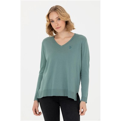 Kadın Mint V - Yaka Basic Kazak