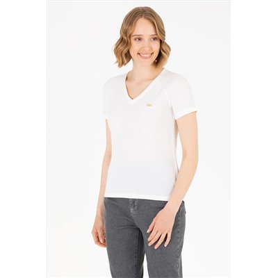 Kadın Ekru V - Yaka Tişört