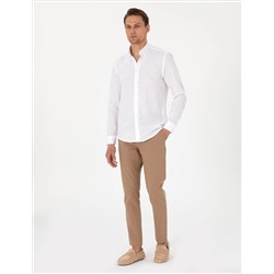 Beyaz Keten Görünümlü Slim Fit Uzun Kollu Gömlek