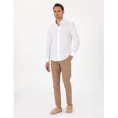 Beyaz Keten Görünümlü Slim Fit Uzun Kollu Gömlek