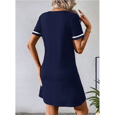 SHEIN LUNE Fashionable Casual V-Neck Color Block Knit Dress With Weave Belt, Black,Summer Dresses For Women