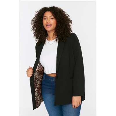 Trendyol Curve Siyah Leopar Astar Detaylı Blazer Dokuma Ceket TBBSS22CE0195