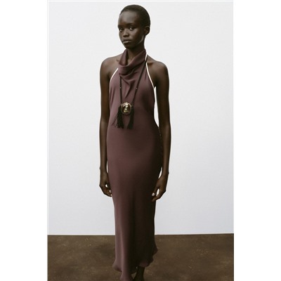 CONTRAST TRIM SATIN MIDI DRESS