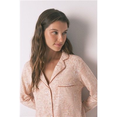 Pijama camisero 100% algodón flores naranja