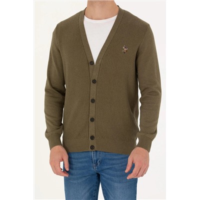 Erkek Haki Melanj Basic Triko Hırka