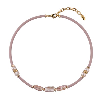 Колье Гевея (жемчуг розовый, каучук розовый; покрытие золото) 42-47см, Есть комплект