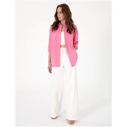 Açık Pembe Oversize Keten Karışımlı Uzun Kollu Gömlek