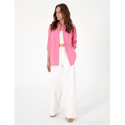 Açık Pembe Oversize Keten Karışımlı Uzun Kollu Gömlek