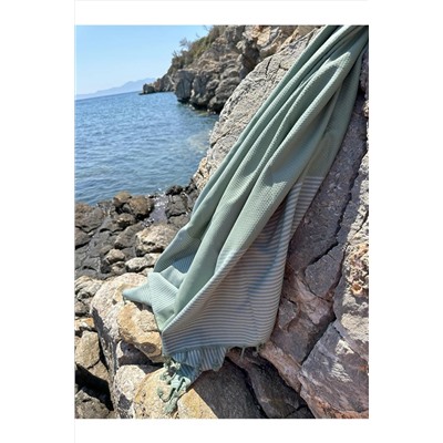 Denizli Concept Yeşil Çizgili %100 Pamuk Selge Peştemal - 100x200 Cm - Püsküllü Plaj & Peştemal