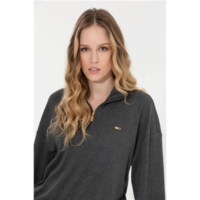 Kadın Antrasit  Melanj Dik Yaka Sweatshirt