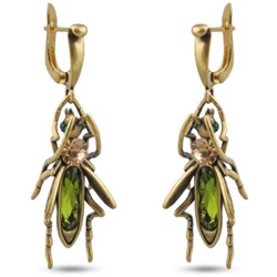 Серьги Кузнечик (кристаллы SW зеленые, шампань; покрытие бронза), Есть комплект