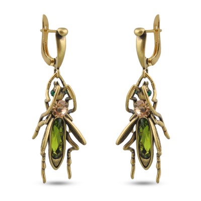 Серьги Кузнечик (кристаллы SW зеленые, шампань; покрытие бронза), Есть комплект