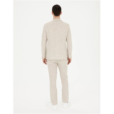 Bej Slim Fit Keten Karışımlı Çizgili Takım Elbise