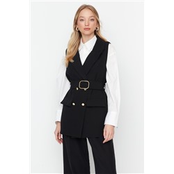 TRENDYOL MODEST Siyah Beli Kemerli Ceket Yaka Dokuma Yelek TCTAW23YL00014