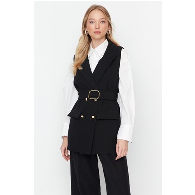 TRENDYOL MODEST Siyah Beli Kemerli Ceket Yaka Dokuma Yelek TCTAW23YL00014