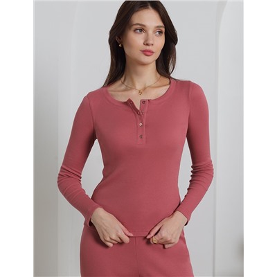 Лонгслив облегающий из фактурного трикотажа в рубчик с круглым вырезом на пуговицах