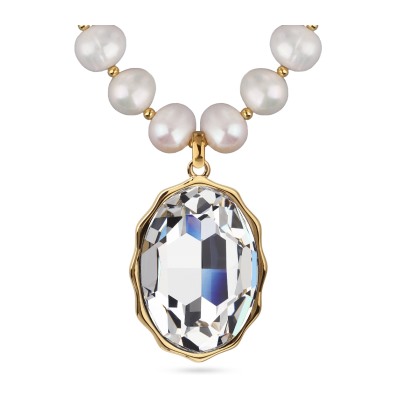 Колье Сияние (кристаллы SW белые, жемчуг белый 8-9мм; золото) 43-48см, Есть комплект