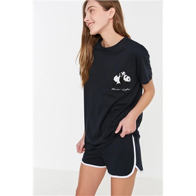 TRENDYOLMİLLA Lacivert Baskılı Pamuklu Atlet-Şort Örme Pijama Takımı THMSS22PT00005
