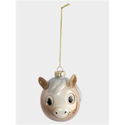 Игрушка елочная, 7x8 см, стекло, бежевая, Лошадка с блестящей гривой, New year