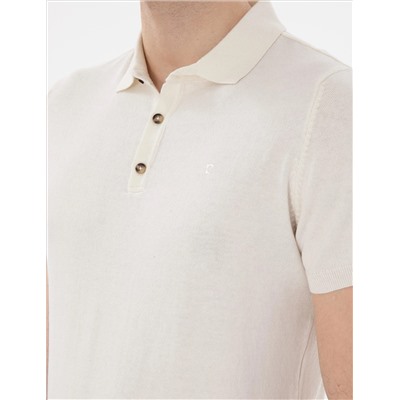 Ekru Slim Fit Düğmeli Polo Yaka Triko Tişört