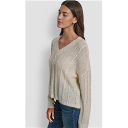 MOHAIR LIKE CABLE V-NECK SWEATER