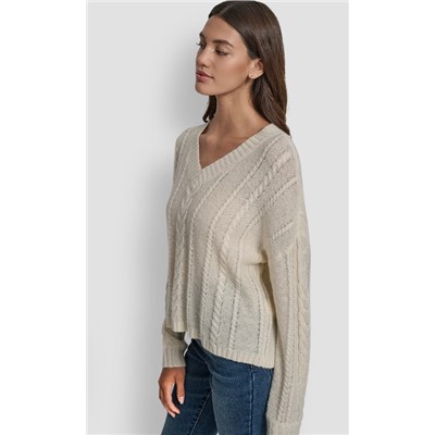 MOHAIR LIKE CABLE V-NECK SWEATER