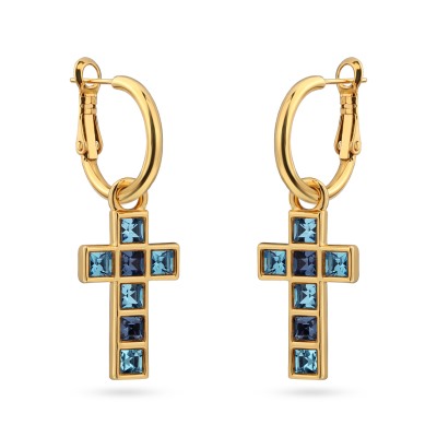 Серьги Квадро (кристаллы SW джинс, аквамарин; покрытие золото), Есть комплект