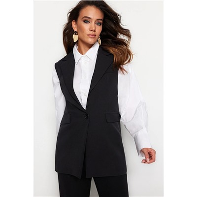 TRENDYOL MODEST Siyah Astarlı Tek Düğmeli Dokuma Finike Kumaş Yelek TCTAW24YL00017