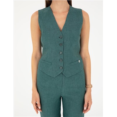 Yeşil Keten Slim Fit Yelek