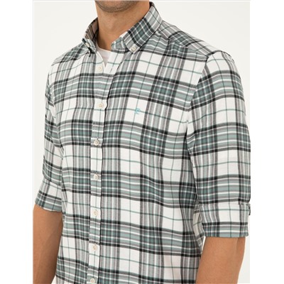 Su Yeşili Ekose Slim Fit Uzun Kollu Gömlek