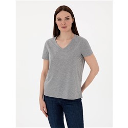 Gri Melanj Regular Fit V Yaka Basic Tişört