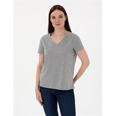 Gri Melanj Regular Fit V Yaka Basic Tişört