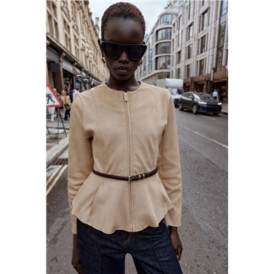 BELTED FAUX SUEDE PEPLUM JACKET