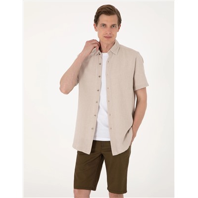 Bej Comfort Fit Kısa Kollu Gömlek