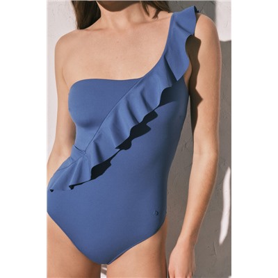 Bañador moldeador volante asimétrico azul