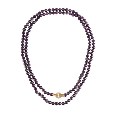 Колье (жемчуг баклажановый 7-8мм, фианит; покрытие золото) 140см, Есть комплект