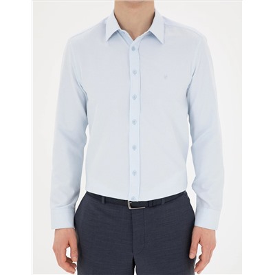 Açık Mavi Slim Fit Armürlü Uzun Kollu Gömlek