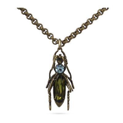 Кулон Кузнечик (кристаллы SW зеленые, голубые; покрытие бронза) 50см, Есть комплект