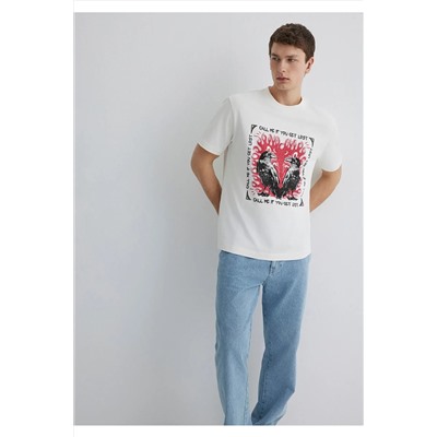 Mavi Baskılı Ekru Tişört Loose Fit / Bol Rahat Kesim 0612808-70057