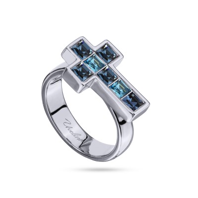 Кольцо Квадро (кристаллы SW джинс, аквамарин; покрытие родий), Есть комплект