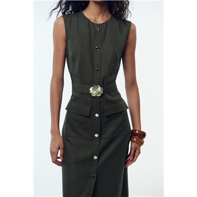 LINEN BLEND MIDI DRESS WITH BELT