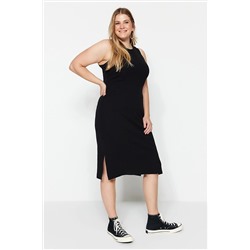 Trendyol Curve Siyah Fitilli Örme Bisiklet Yaka Yırtmaçlı Elbise TBBSS23AH00072
