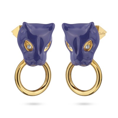 Серьги Пантера (эмаль фиолетовая, кристаллы SW белые; покрытие золото), Есть комплект