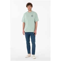 Erkek Oversize Fit Bisiklet Yaka Su Yeşili Tişört