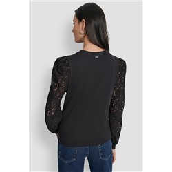 LACE PUFF LONG SLEEVE CREW NECK TEE