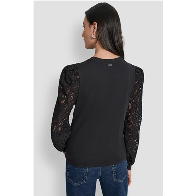 LACE PUFF LONG SLEEVE CREW NECK TEE