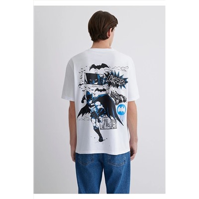 Mavi Batman Baskılı Beyaz Tişört Loose Fit / Bol Rahat Kesim 0612568-620