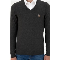 Erkek Slim Fit V Yaka Antrasit Basic Kazak